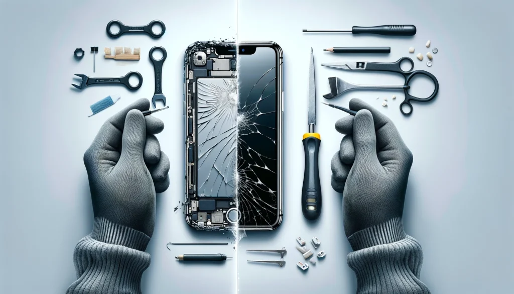「iPhoneの修理前後を示す比較画像。左側には傷やひび割れが見える損傷した状態のiPhone、右側には完全に修復された新品同様のiPhoneが映し出されている。」
